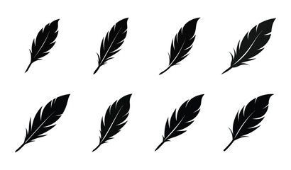 Feather icon set. Bird feather logo. Feathers vector set in a flat style. Black quill feather silhouette.