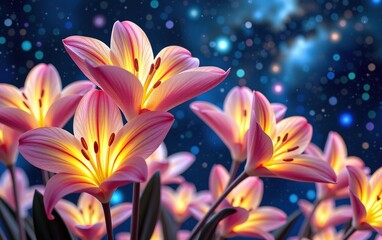 Fototapeta premium A stunning close-up of vibrant, glowing flowers in full bloom, illuminated with soft golden light.
