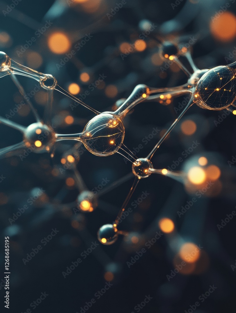 Leinwandbilder Microscopic view of interconnected molecules glowing softly in a dark background highlighting scientific exploration. Generative AI