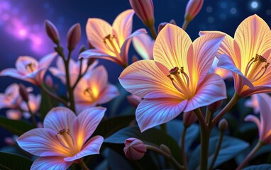 A stunning close-up of vibrant, glowing flowers in full bloom, illuminated with soft golden light.