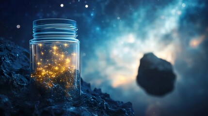 Glowing cosmic dust in a jar with asteroid backdrop, showcasing space exploration discoveries.