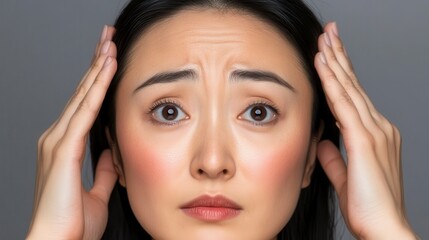 Fototapeta premium Close up portrait of a young person with dark hair, hands on head, expressing worry or stress against a gray background. They have subtle freckles