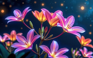 Fototapeta premium A stunning close-up of vibrant, glowing flowers in full bloom, illuminated with soft golden light.