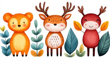 Adorable cartoon animals in autumnal setting. A brown bear, two deer in orange and red hues, surrounded by teal and green foliage, against a white