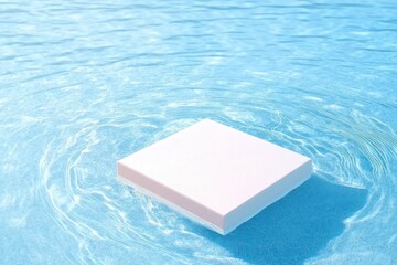 White Podium on Blue Water Texture with Sunlight for Product Presentation. Abstract Nature Background with Waves and Splashes. Cosmetic Mockup with Copy Space.