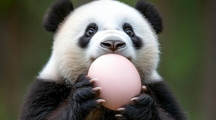 Fototapeta premium Close up of a young panda holding a large egg, soft lighting, blurred green background
