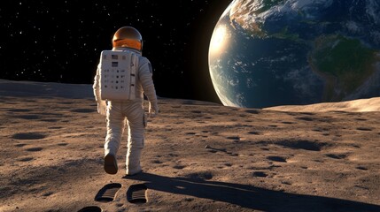 Astronaut Walking on the Moon with Earth in Background
