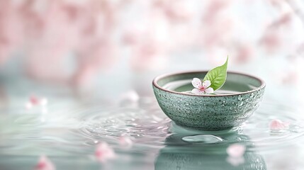 Delicate tea leaf amidst spring raindrops, embodying serenity and renewal.