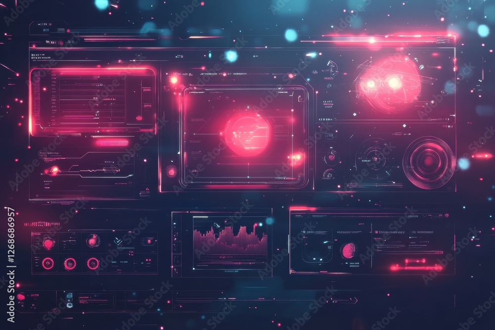 Aufkleber Futuristic digital interface showcasing data analysis and visualization with vibrant neon colors. Generative AI