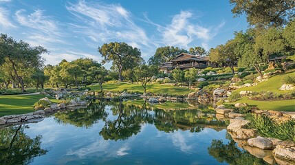 Obraz premium Serene Lakeside Estate with Lush Greenery and Tranquil Pond Reflections