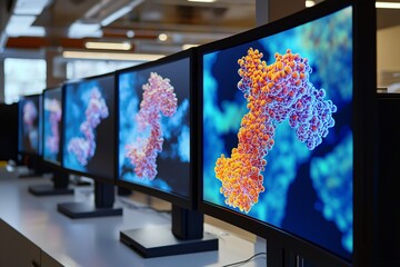 AI-generated protein structures are displayed in a cutting-edge lab, showcasing complex molecular designs on screens that highlight breakthroughs in biotechnology and computational research.