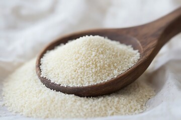 Sesame seeds in wooden spoon on white table, closeup view