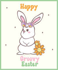 Cute Happy Groovy Bunny bunny Playful cartoon doodle animal hand drawing.