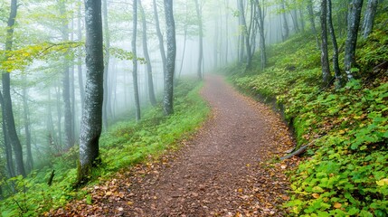 Fototapeta premium Serene Forest Path Misty Woods Trail Autumn Leaves