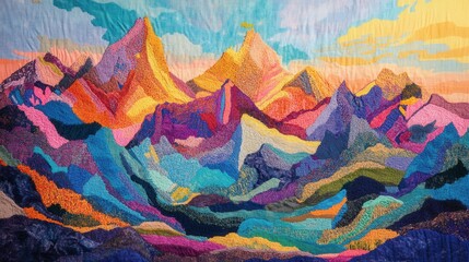 Vibrant mountain landscape with glowing yarn peaks, softly woven skies, rich colors, serene atmosphere, breathtaking view
