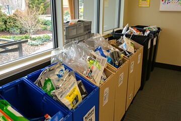 Prominently displayed recycling guides feature educational graphics and organized bins with clear labels to enhance environmental awareness.