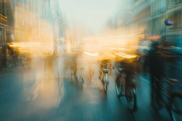 Bicycles in Motion, a dynamic scene of colorful bicycles lined along a bustling city street, capturing urban life and movement.