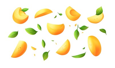 Mango pieces flying in the air, mango slices and cubes, mango leaves on a white background