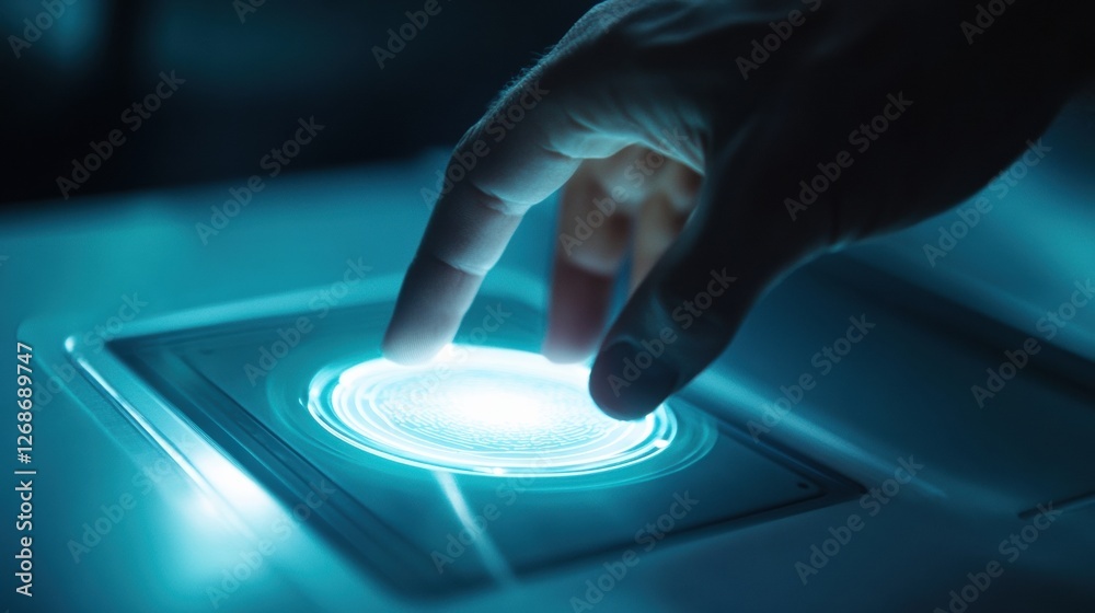 Aufkleber Robotic hand engaging with a luminous interactive touch interface in a modern setting. Generative AI