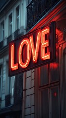Bright red love sign illuminates a charming street at twilight in a historic city