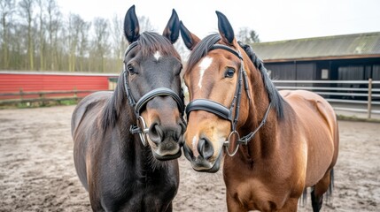 Fototapeta premium Two horses, one dark brown and one chestnut, stand close together in a dirt paddock near a barn. They wear bridles and look calm and friendly