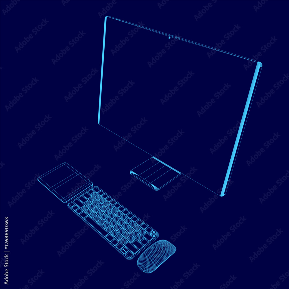 Poster a computer monitor on a desk with a keyboard and mouse. the monitor is blue and the keyboard