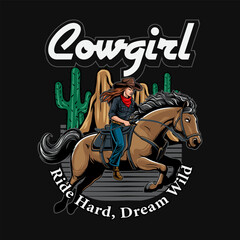 Cowgirl Riding Horse in Western Vintage Illustration for poster, flyer, social media, web pages, print media, greeting card, invitation, banner, t-shirt design