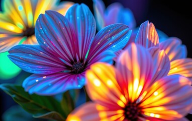 Fototapeta premium A stunning close-up of vibrant, glowing flowers in full bloom, illuminated with soft golden light.