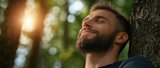 Man enjoys peaceful moment in forest, experiencing nature and tranquility during golden hour