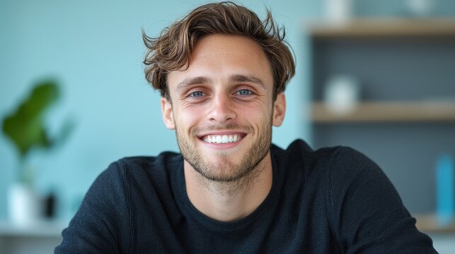 Smiling young man in casual black sweater sitting at a desk with bright blue background in a modern indoor setting