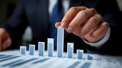 Analyzing Bar Chart On Paper By Businessman. Financial Growth, Statistics, Success, Investment And Development Concept.