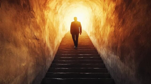 The silhouette of the man in business attire ascended the stairs, exuding confidence and determination.