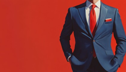 Business professional in classic blue attire, poised in a modern office setting, exuding confidence and professionalism, engaging with colleagues.