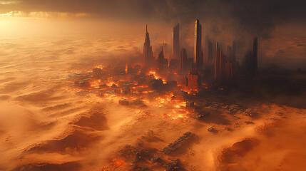 Naklejka premium A post-apocalyptic world gripped by desertification. Once great metropolises are now buried under miles of shifting sand dunes, with only the tallest skyscrapers rising above them.8K