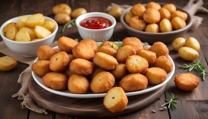 Tasty fried nuggets and potatoes on a table