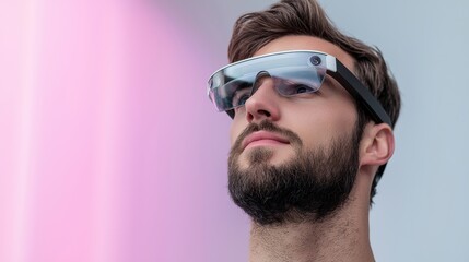 Man wears augmented reality glasses while observing the surroundings in a modern urban environment during daylight hours