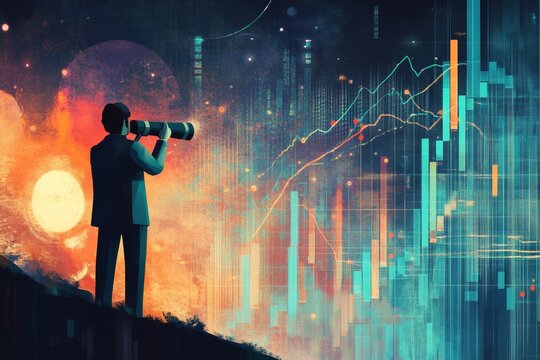 Businessperson observing future opportunities through a telescope, symbolizing vision and strategic foresight in a competitive landscape