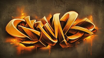 Golden graffiti word art on a textured wall with fire effects