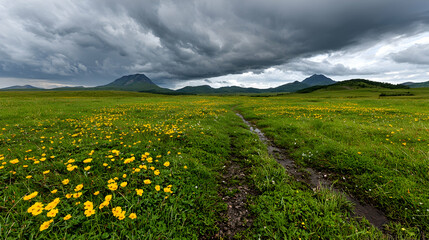 Fototapeta premium Yellow wildflowers bloom in a vast green meadow under dramatic storm clouds in a mountain valley.