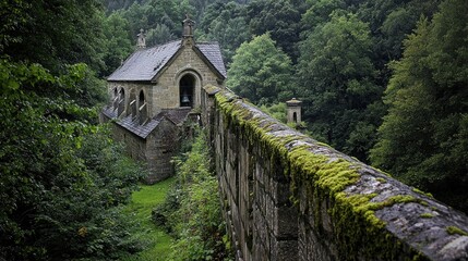 Obraz premium Moss-covered stone wall beside a secluded chapel in a lush forest