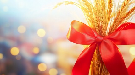 Vibrant red ribbon with golden wheat sheaves, symbolizing unity and prosperity in an industrial cityscape.