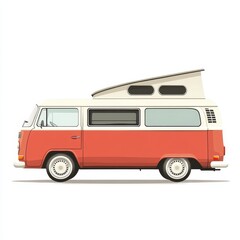 Retro camper van journey, vibrant flat design, adventure spirit, nostalgia, exploring scenic routes, freedom on the open road, whimsical travel vibes