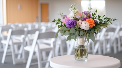 Floral bouquet on table in ceremony room
