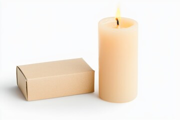 Obraz premium Candle flickering gently beside a matchbox, warm glow illuminating the surroundings, creating a serene and intimate atmosphere.
