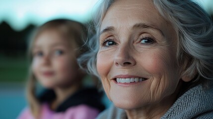 Grandmother and granddaughter share a joyful moment outdoors in the twilight