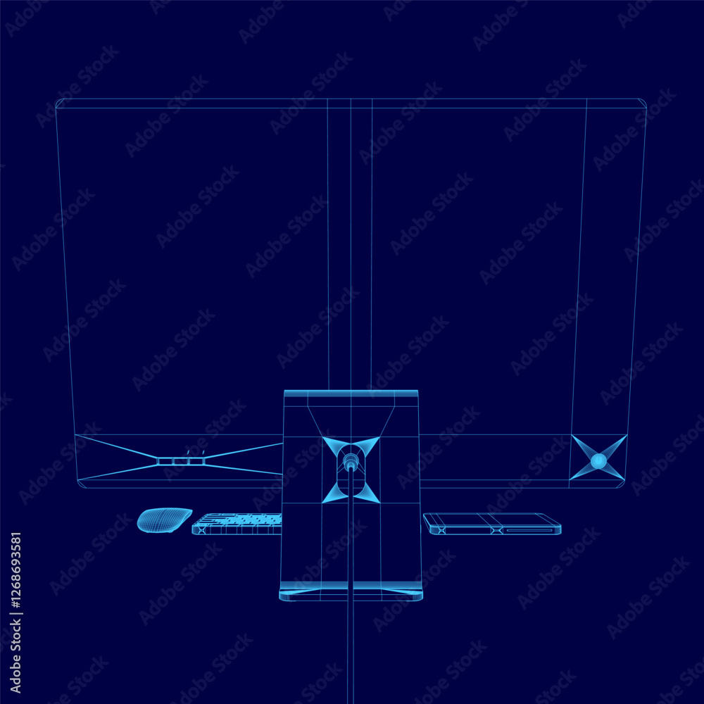Poster a blue image of a computer monitor with a keyboard and mouse. concept of a workspace or a home offic