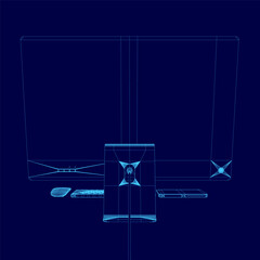 A blue image of a computer monitor with a keyboard and mouse. Concept of a workspace or a home office. Back view