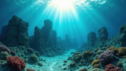 Fototapeta premium Underwater view of coral reef canyon with sunlight rays filtering through clear ocean 