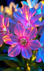 Fototapeta premium A stunning close-up of vibrant, glowing flowers in full bloom, illuminated with soft golden light.