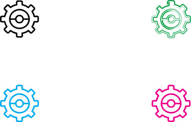 Minimalist gear icons, colorful symbols, technical design elements, circular motifs, simplified industrial graphics, bold outlines, vector-style illustrations, abstract mechanical concept, bright prim